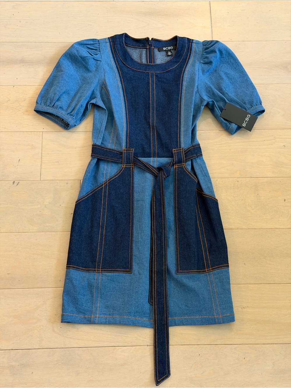 BCBG Two-Tone Blue Denim Belted Puff-Sleeve Dress - Picture 1 of 1